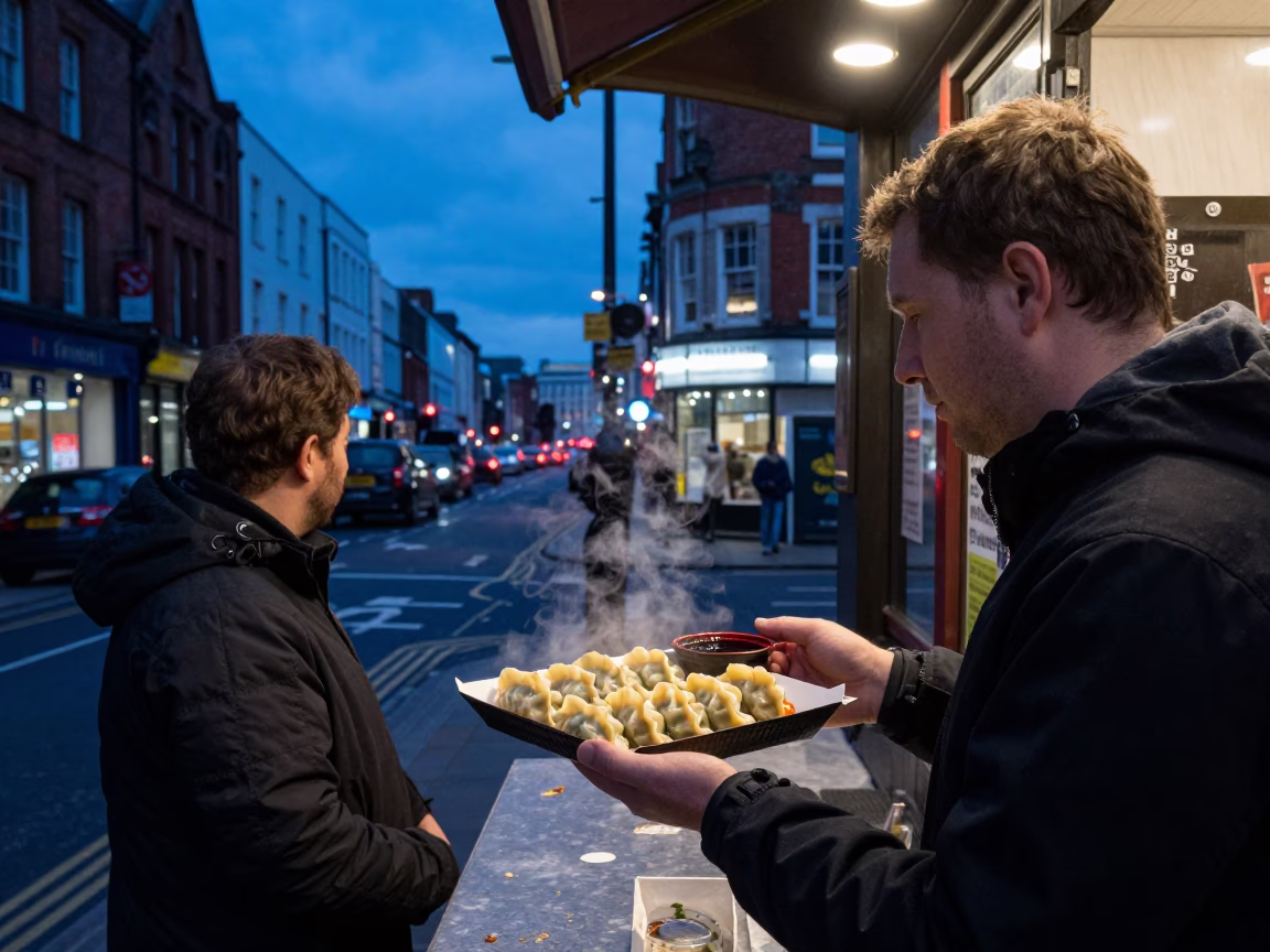 Liverpool Evening Street Scene with Gyoza Takeaway and Traditional Rake Heads in in Liverpool, United Kingdom