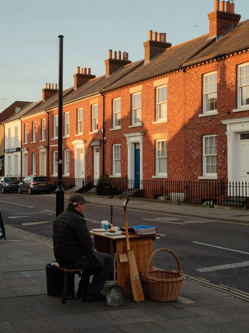 Liverpool Evening Street Scene with Ladle and Wicker Basket in Honeyed Light in in Liverpool, United Kingdom