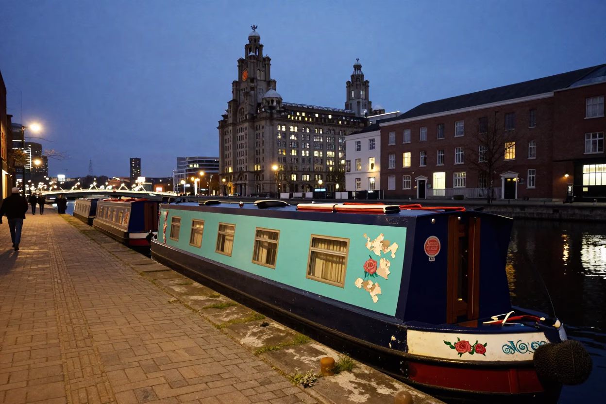 Liverpool Evening Street Scene with Narrowboat and Peeling Turquoise Paint in in Liverpool, United Kingdom