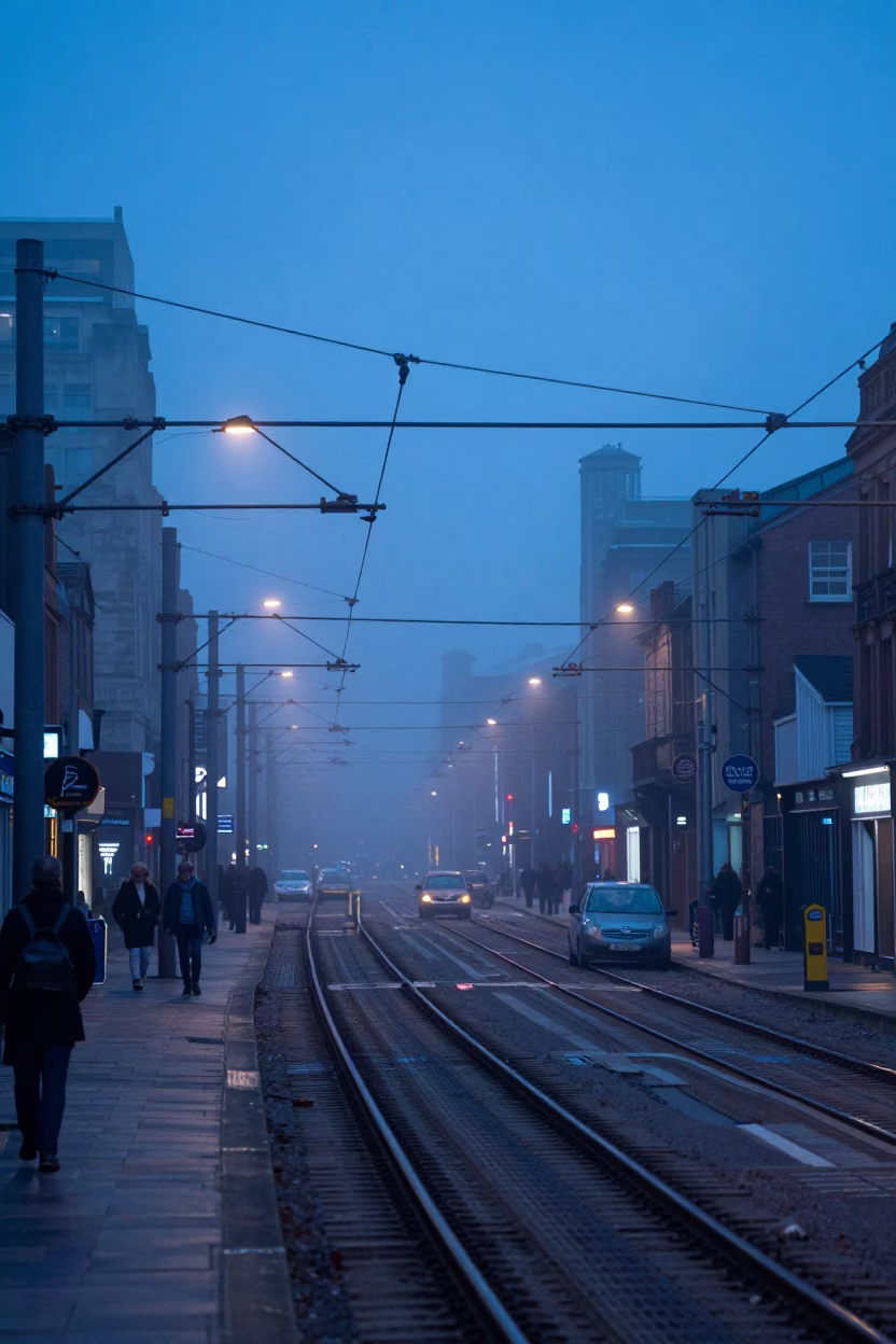 Liverpool Evening Street Scene with Rail Catenary and Urban Fog in in Liverpool, United Kingdom