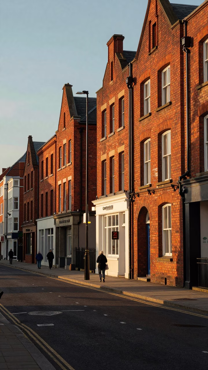 Liverpool Evening Street Scene with Red Brick Architecture and Rusty Window Frames in in Liverpool, United Kingdom