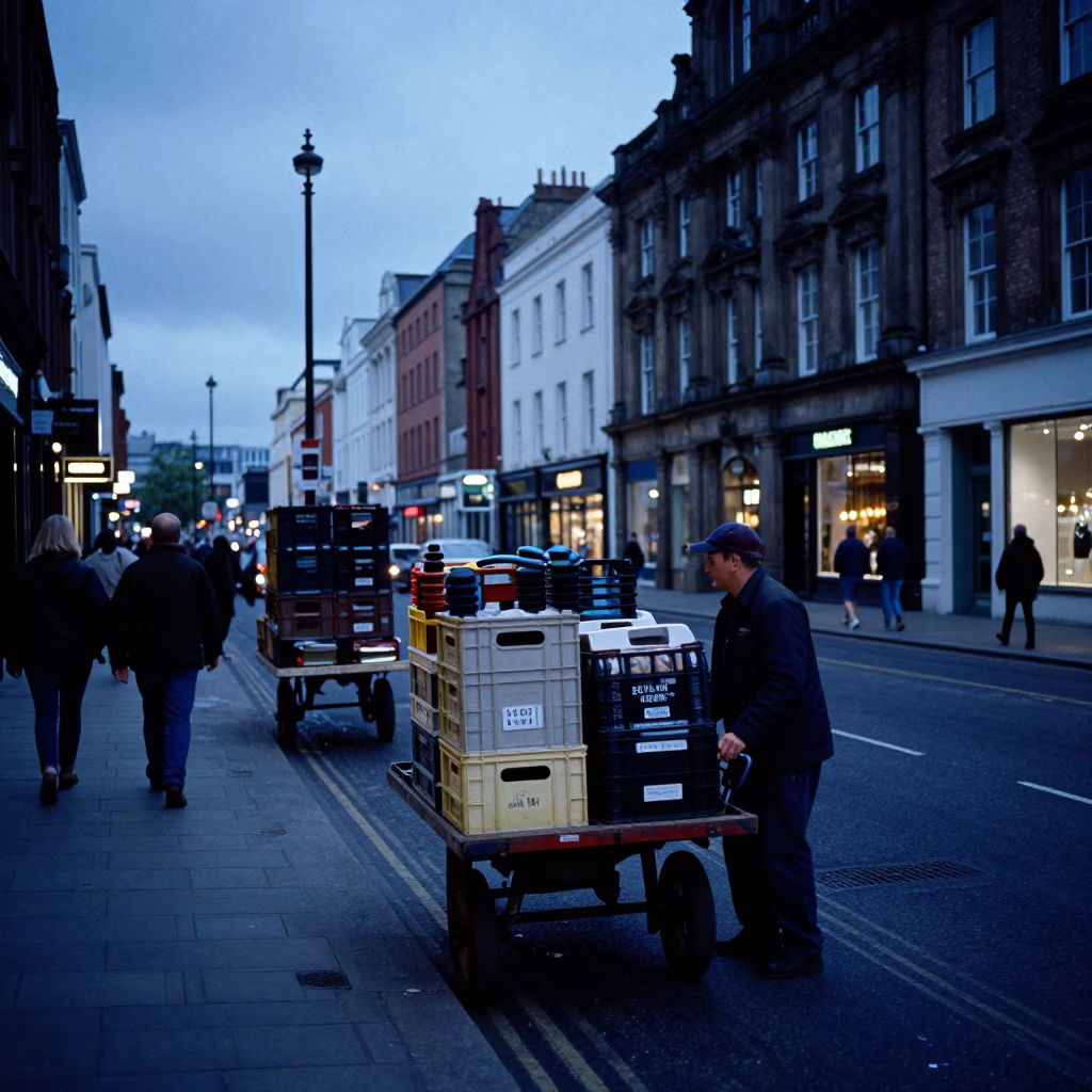 Liverpool Evening Street Scene with Rolling Carts and Pedestrians in Blue Light in in Liverpool, United Kingdom