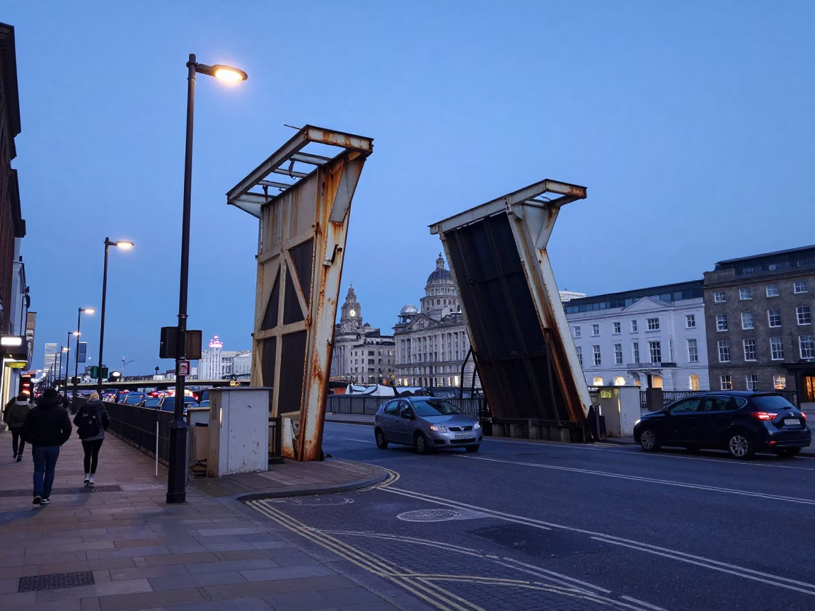 Liverpool Evening Street Scene with Rusted Drawbridge and Urban Details in in Liverpool, United Kingdom