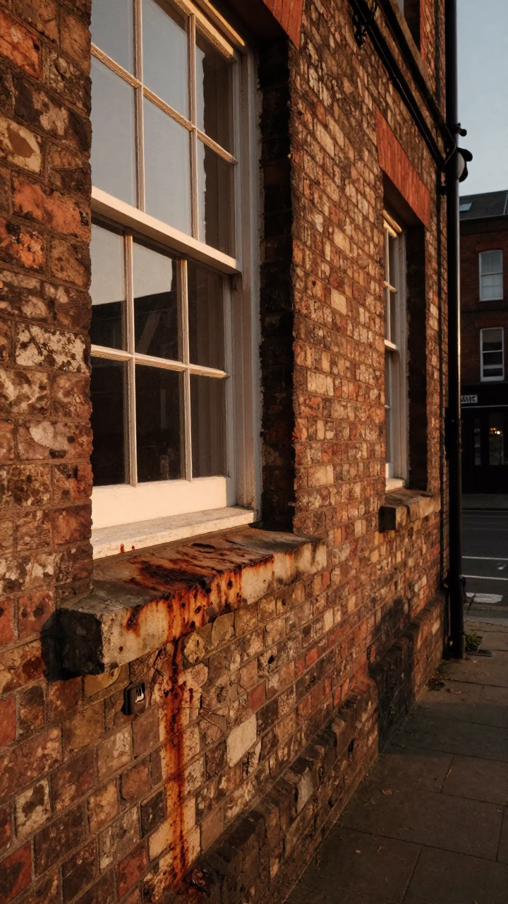 Liverpool evening street scene with rusted window sill and warm light in United Kingdom in in Liverpool, United Kingdom