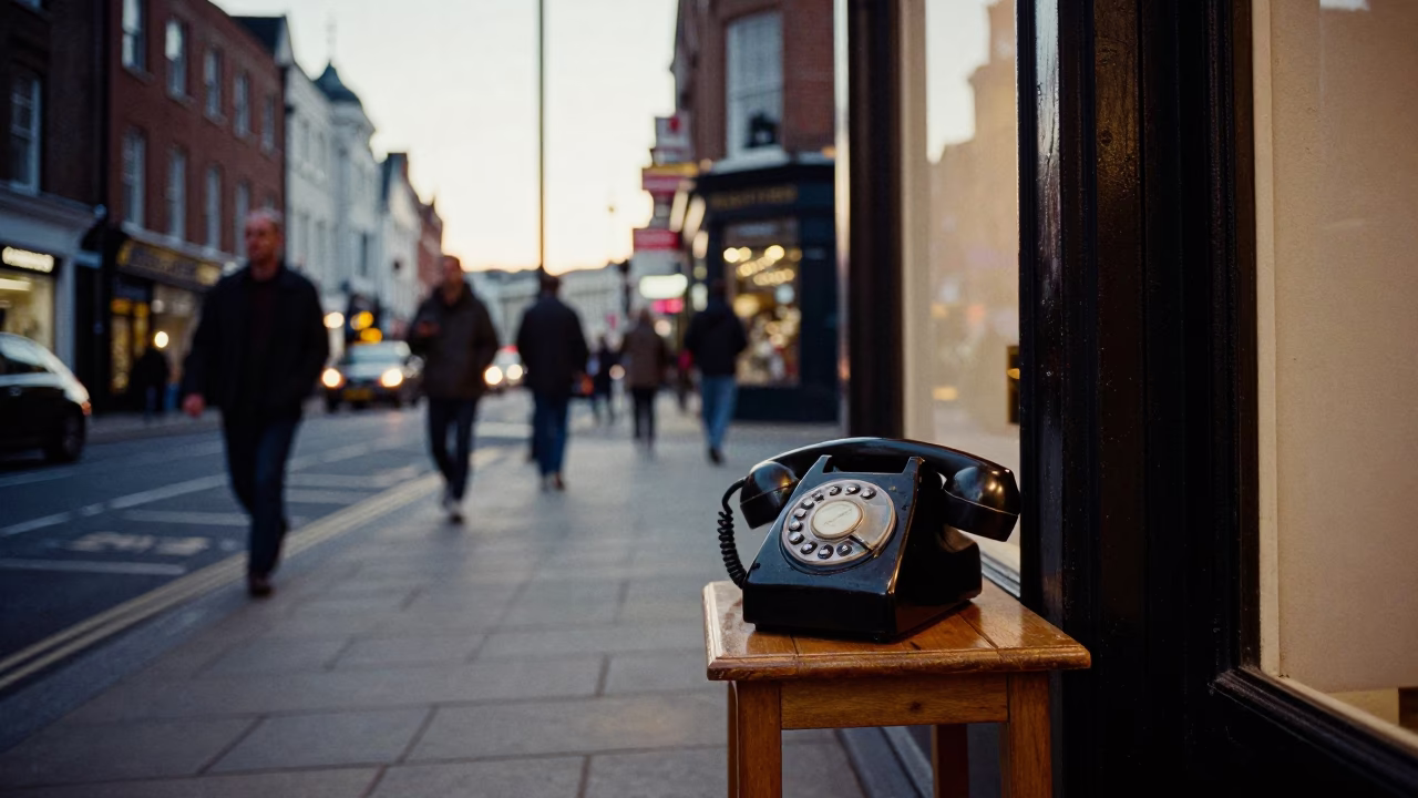 Liverpool Evening Street Scene with Vintage Bakelite Telephone and Urban Life in in Liverpool, United Kingdom
