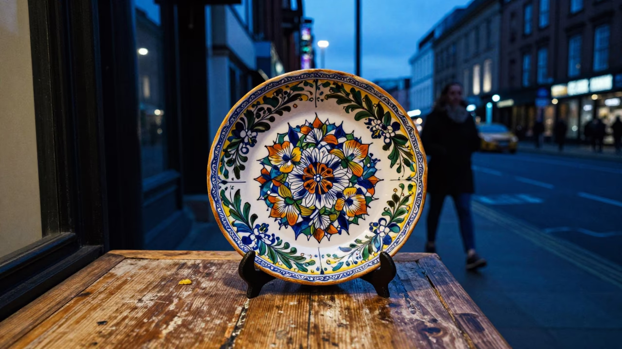 Liverpool Evening Street Scene with Vintage Majolica Plate and Urban Details in in Liverpool, United Kingdom