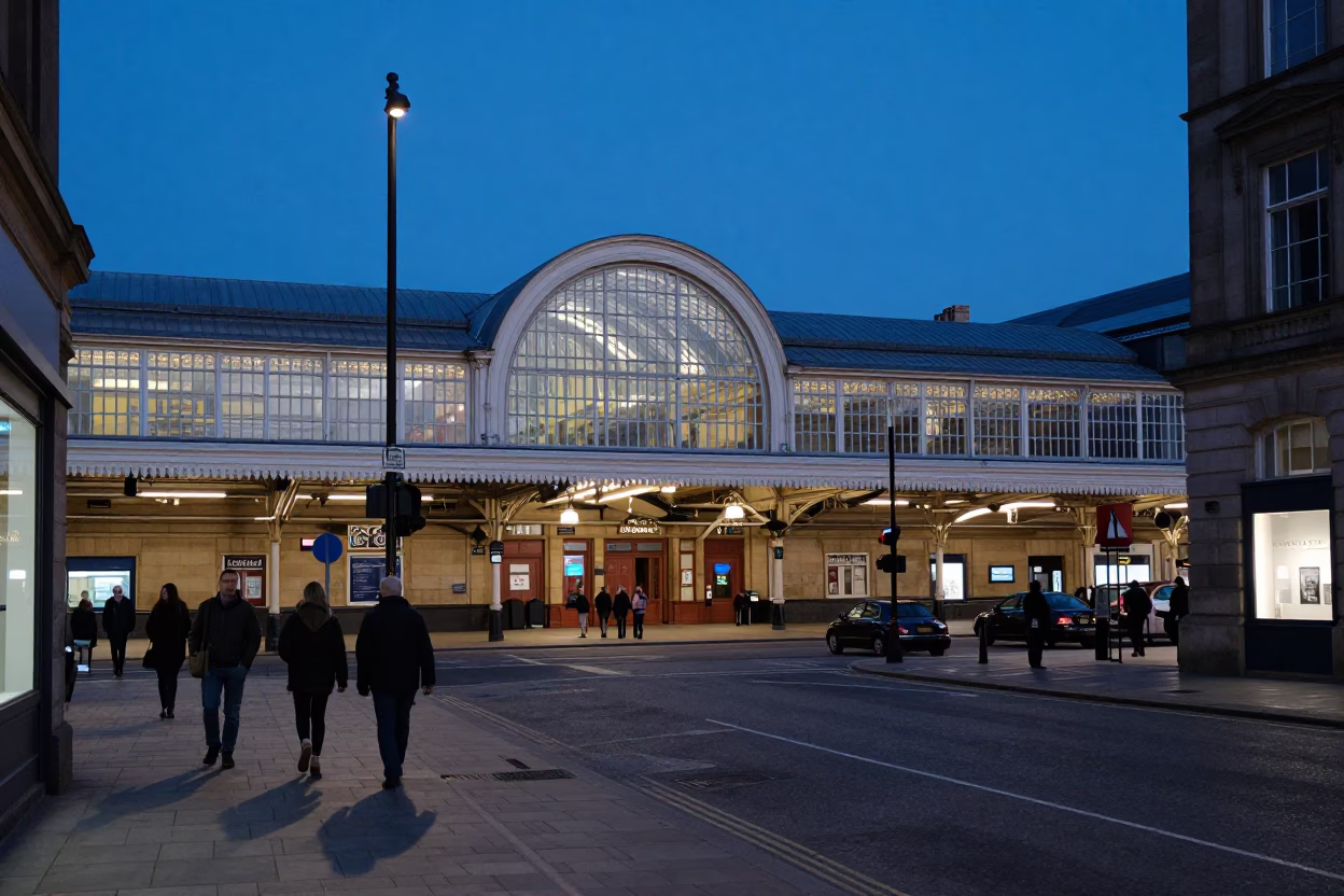 Liverpool Evening Street Scene with Vintage Train Station Architecture and Local Life in in Liverpool, United Kingdom