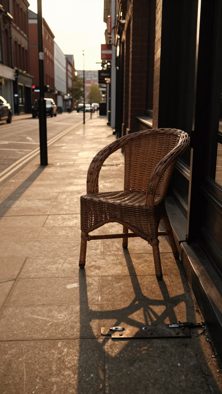 Liverpool Evening Street Scene with Wicker Chair Shadow and Clove Patch in Honeyed Light in in Liverpool, United Kingdom