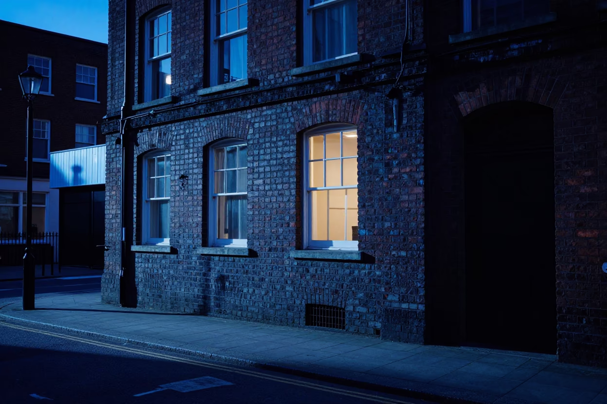 Liverpool Evening Street Scene with Window Light and Urban Architecture in in Liverpool, United Kingdom