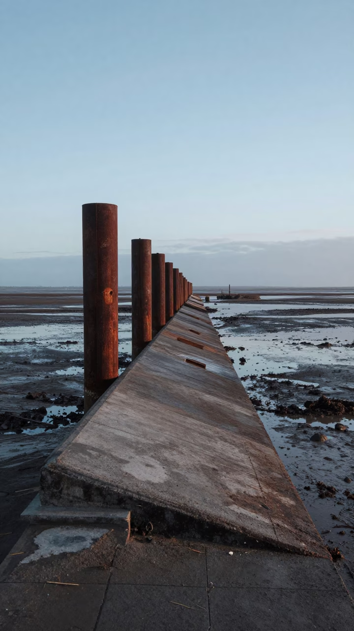 Liverpool Ferry Terminal Ramp and Piling System at Low Tide Before Sunrise in in Liverpool, United Kingdom