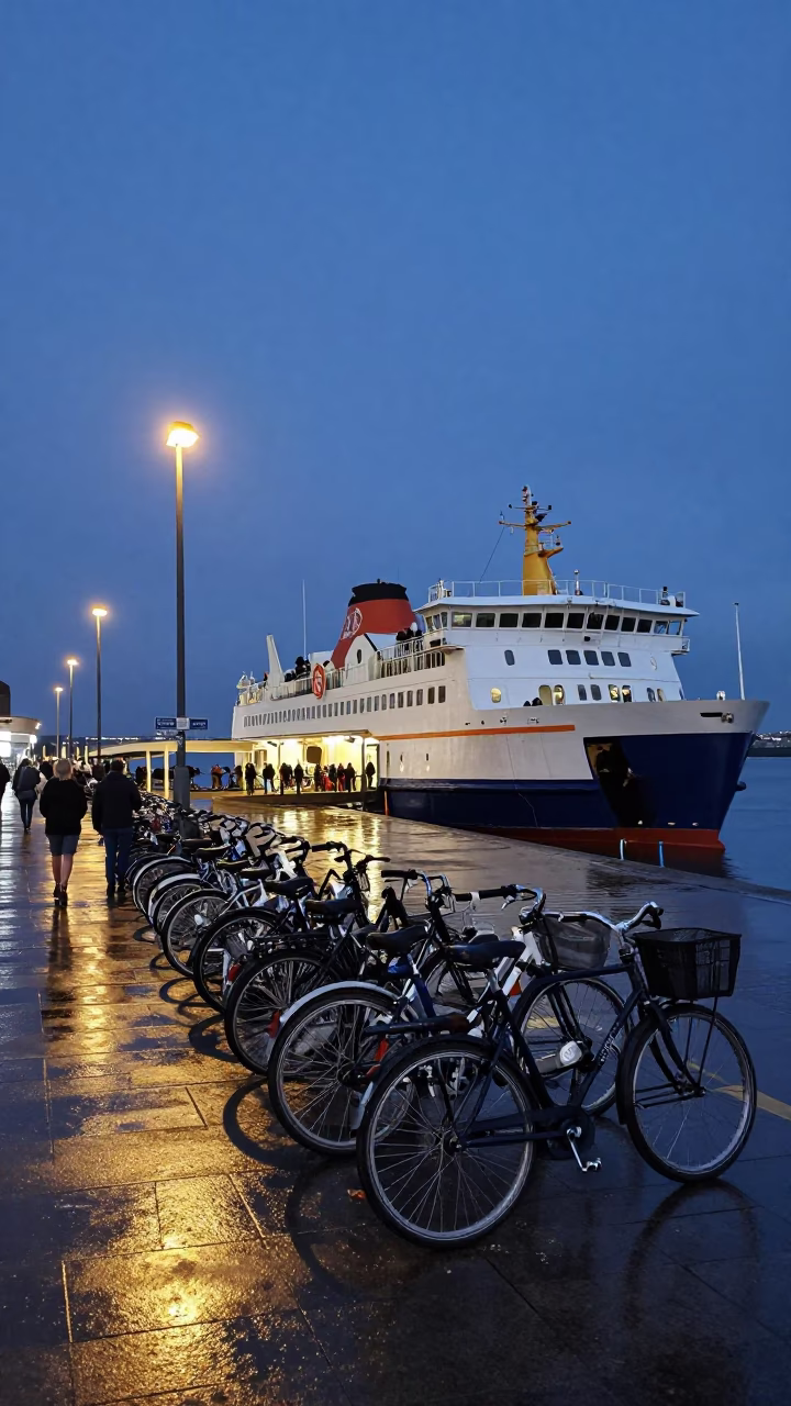 Liverpool Ferry Terminal Twilight Scene with Bicycle Transport and Urban Architecture in in Liverpool, United Kingdom