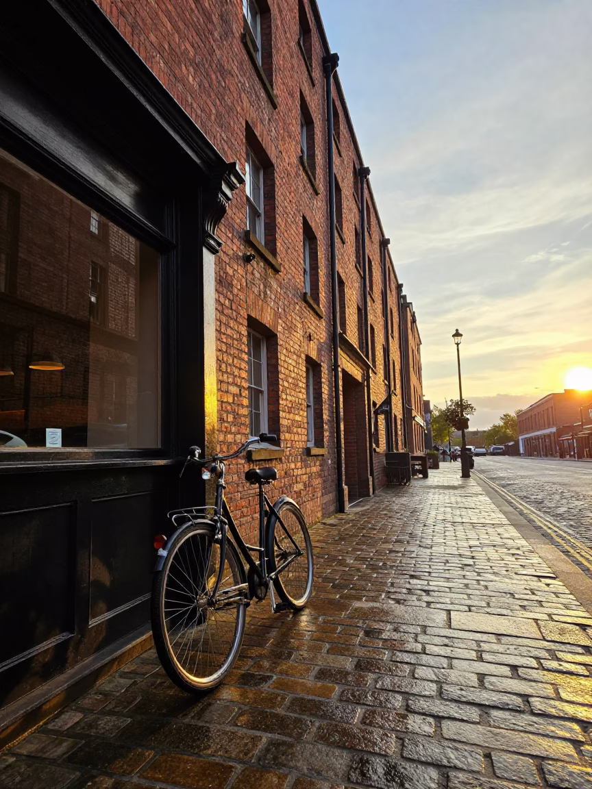 Liverpool Golden Hour Street Scene with Bicycle and Vintage Fashion in in Liverpool, United Kingdom