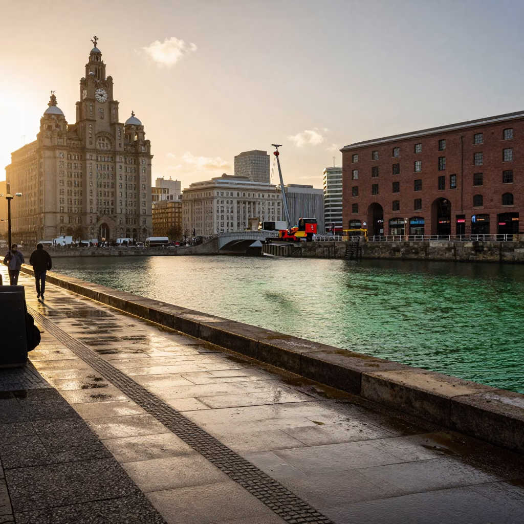 Liverpool Golden Hour Street Scene with Bridge Maintenance Cradle and Local Urban Life in in Liverpool, United Kingdom