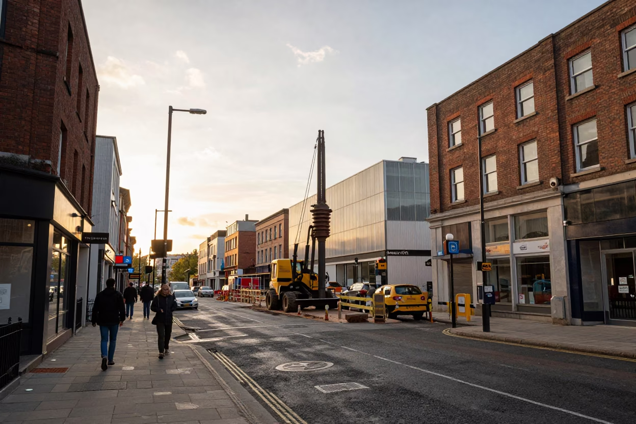 Liverpool Golden Hour Street Scene with Construction and Local Life in in Liverpool, United Kingdom