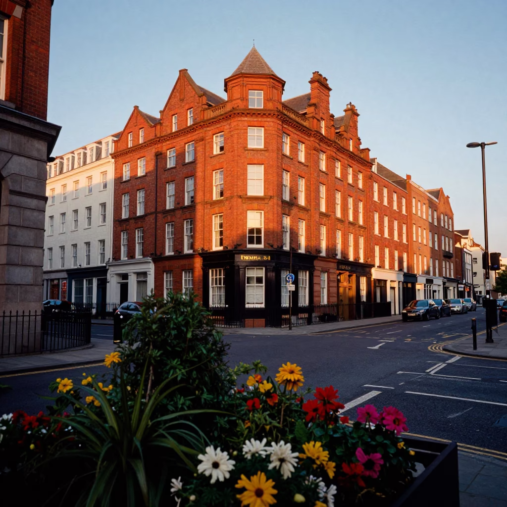 Liverpool Golden Hour Street Scene with Flowering Plants and Urban Architecture in in Liverpool, United Kingdom