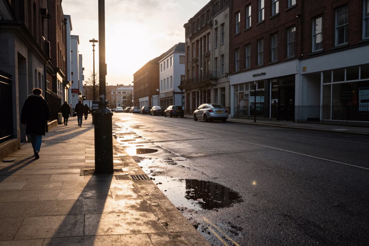 Liverpool Golden Hour Street Scene with Substation Puddle and Urban Decay in in Liverpool, United Kingdom