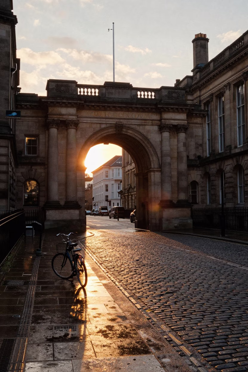 Liverpool Golden Hour Street Scene with University Archway and Wet Bicycle Rack in in Liverpool, United Kingdom