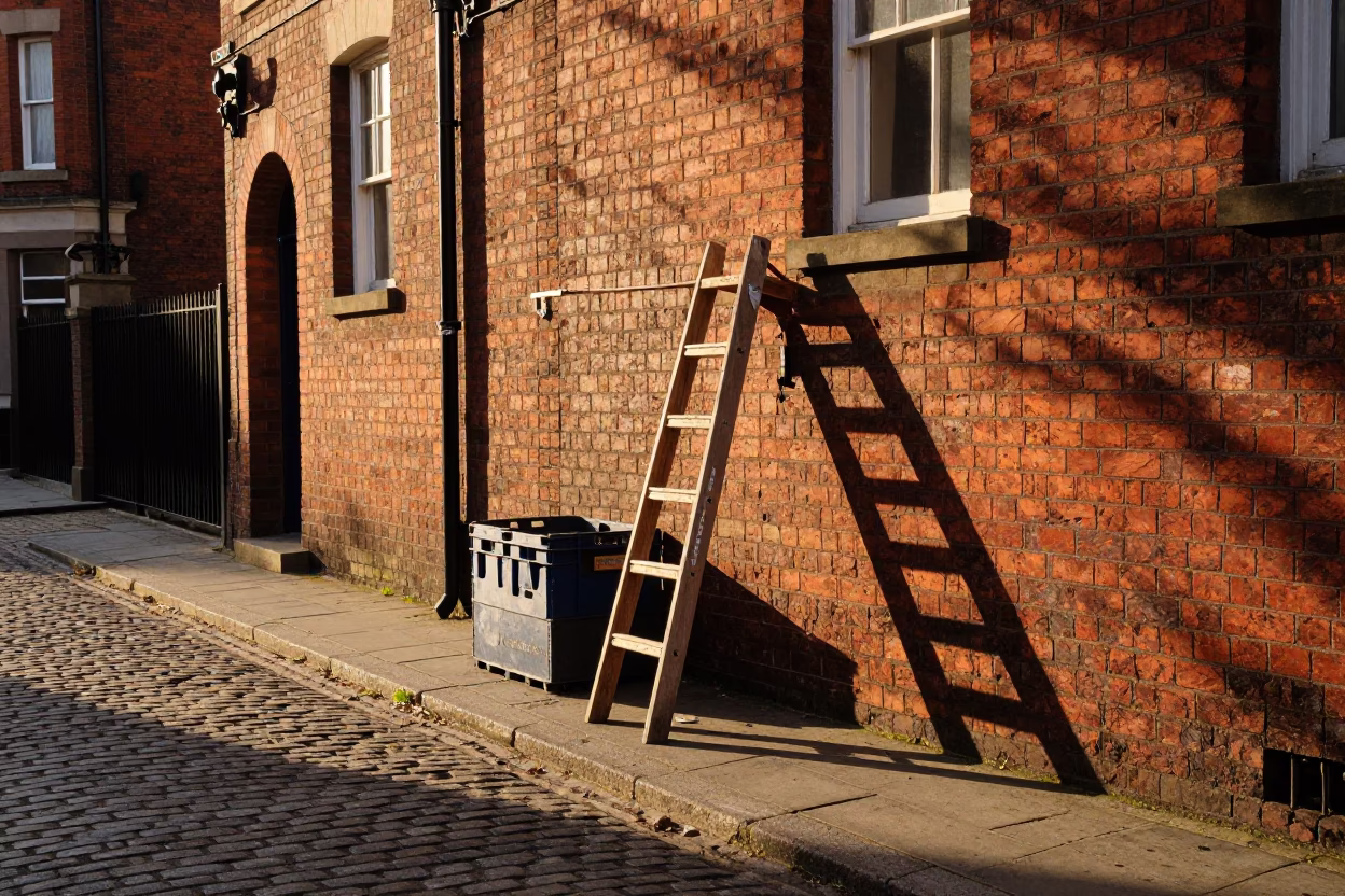 Liverpool Golden Hour Street Scene with Wooden Ladder and Crate Near Waterfront in in Liverpool, United Kingdom