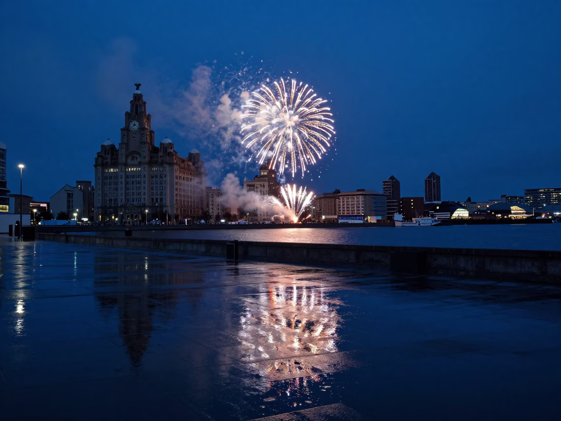 Liverpool Harbor Blue Hour Fireworks Reflections on Wet Pavement in in Liverpool, United Kingdom