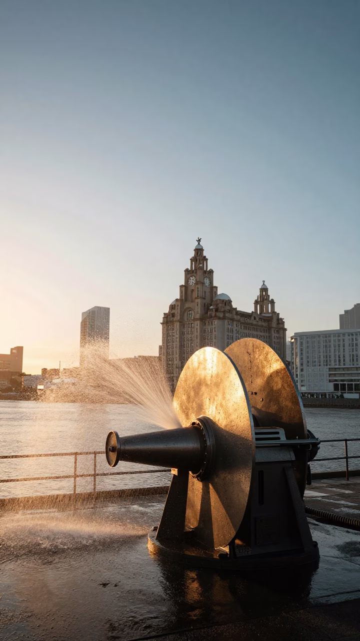 Liverpool Harbor Sunrise with Hydrophone Winch Spraying Golden Light in in Liverpool, United Kingdom