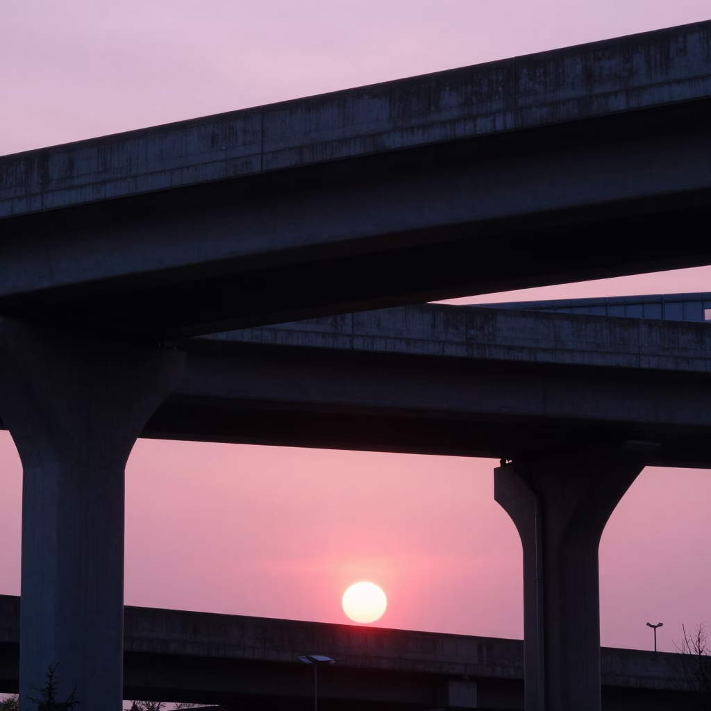 Liverpool Highway Flyover Stack Against Pink Evening Sky with Parked Bicycle in in Liverpool, United Kingdom