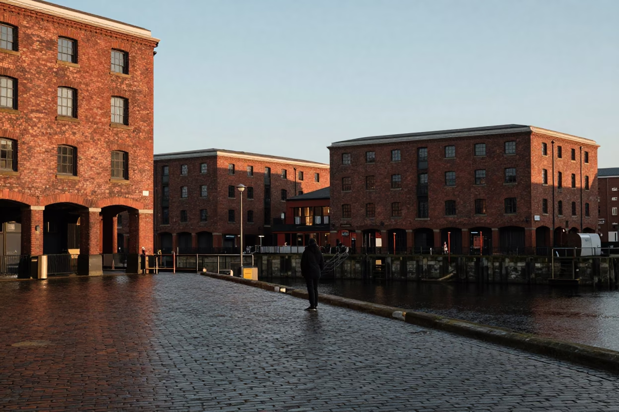 Liverpool Historic Docks at Nautical Dawn Light in in Liverpool, United Kingdom
