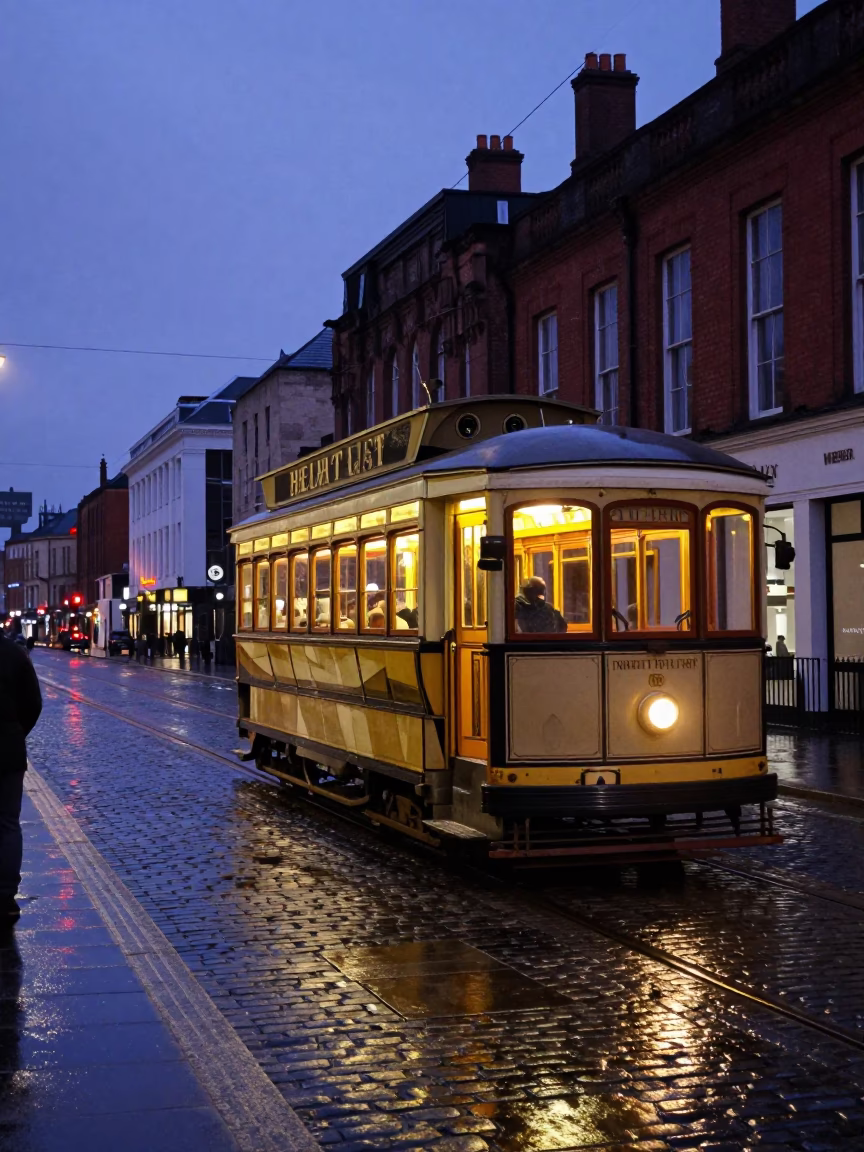 Liverpool Indigo Twilight Heritage Tram on Cobblestone Avenue with Grease Sheen in in Liverpool, United Kingdom