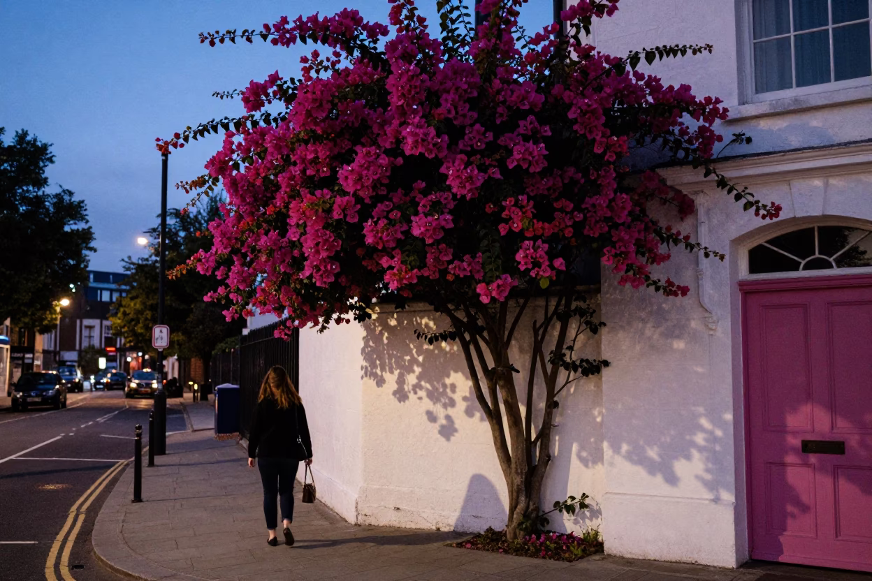 Liverpool Indigo Twilight Street Scene with Bougainvillea and Vintage Fashion in in Liverpool, United Kingdom