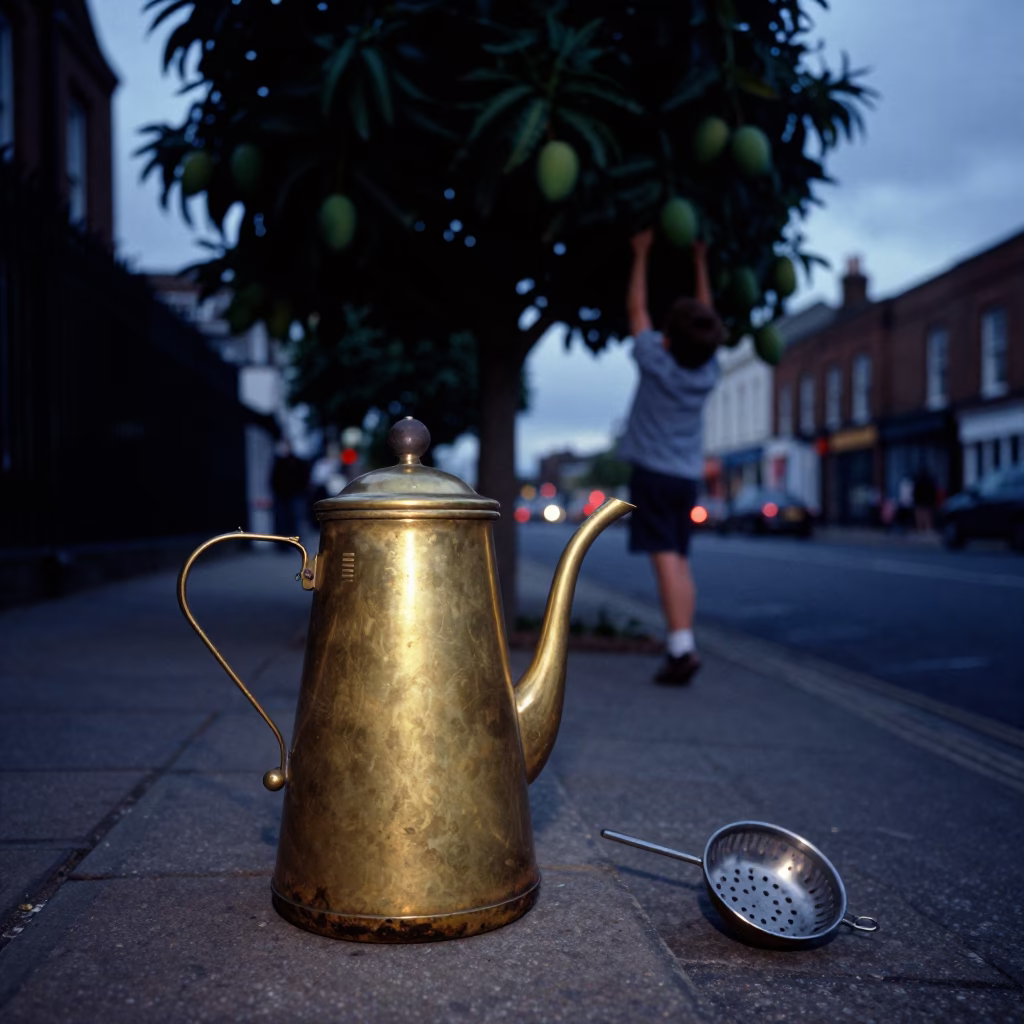 Liverpool indigo twilight street scene with brass coffee pot on plate near doorway in in Liverpool, United Kingdom