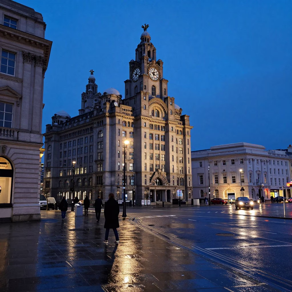 Liverpool indigo twilight street scene with historic architecture and local life in in Liverpool, United Kingdom