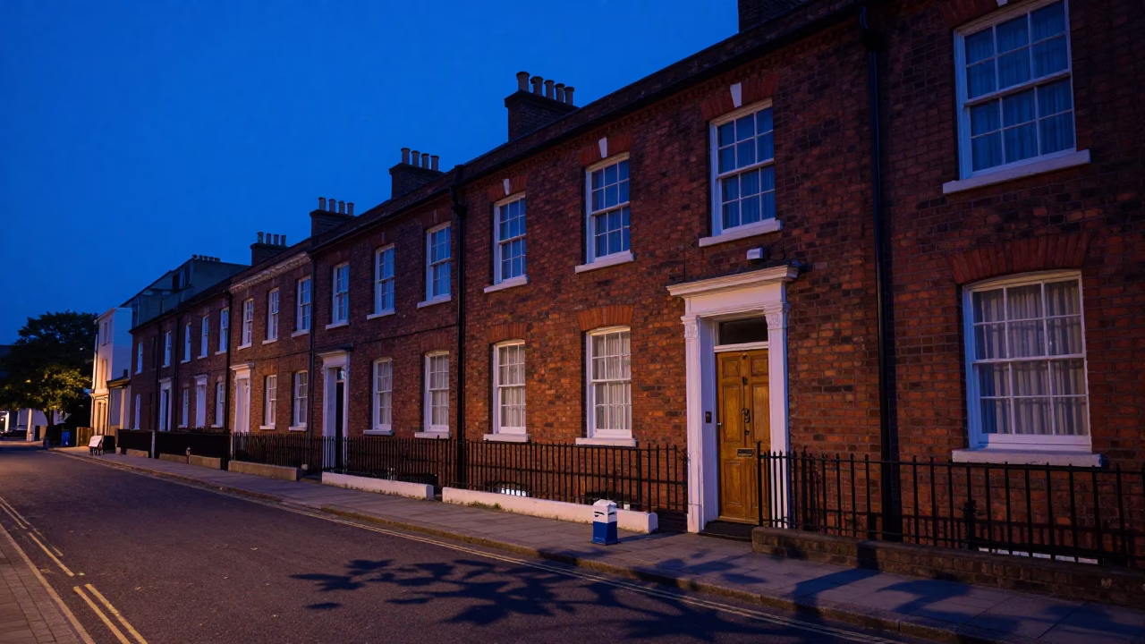 Liverpool indigo twilight street scene with leaf shadows on doorframe and key blank in in Liverpool, United Kingdom