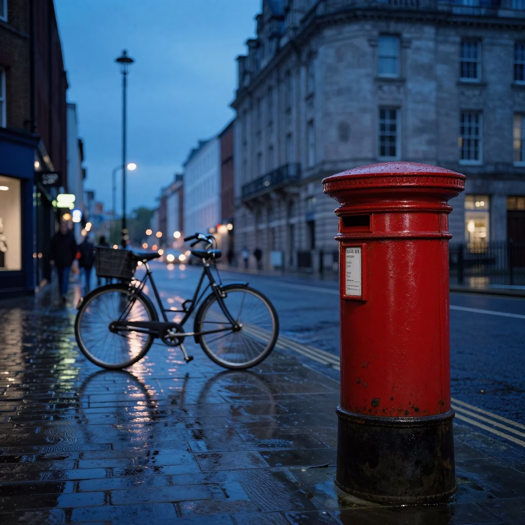 Liverpool indigo twilight street scene with parked bicycle and wet pavement reflections in in Liverpool, United Kingdom