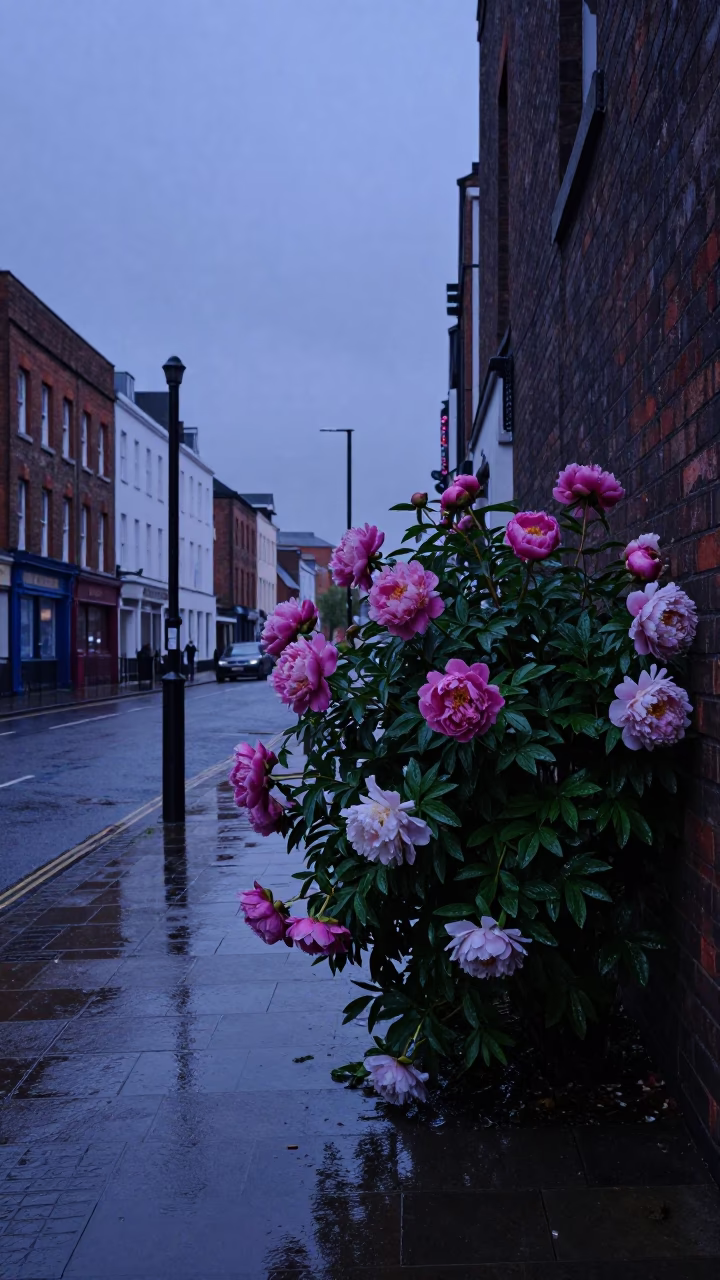 Liverpool indigo twilight street scene with rain-soaked peonies and distant floodlit bridge in in Liverpool, United Kingdom