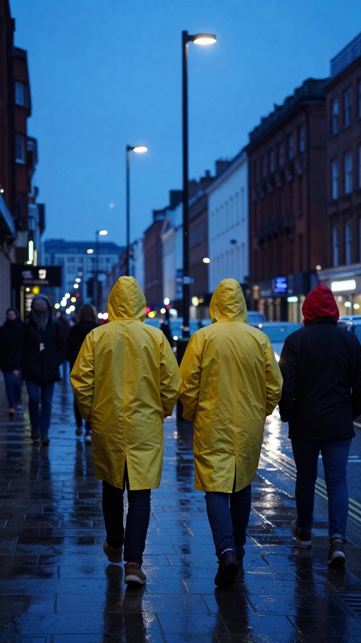 Liverpool indigo twilight street scene with raincoats and red brick architecture in in Liverpool, United Kingdom