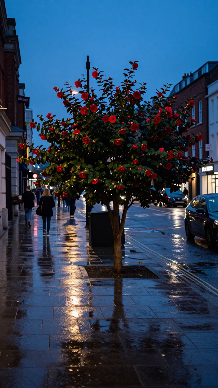 Liverpool indigo twilight street scene with red camellia shrub and wet pavement reflections in in Liverpool, United Kingdom