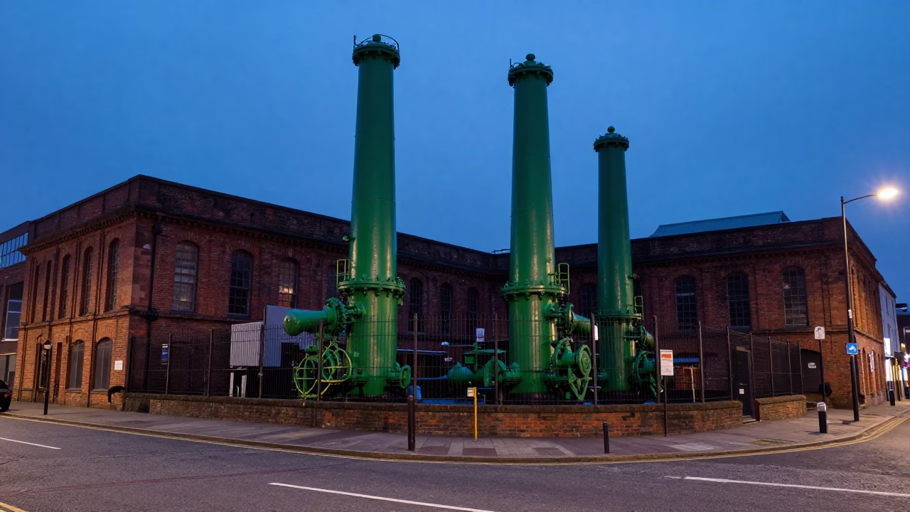 Liverpool Indigo Twilight Street Scene with Sewage Pumping Station Infrastructure in in Liverpool, United Kingdom