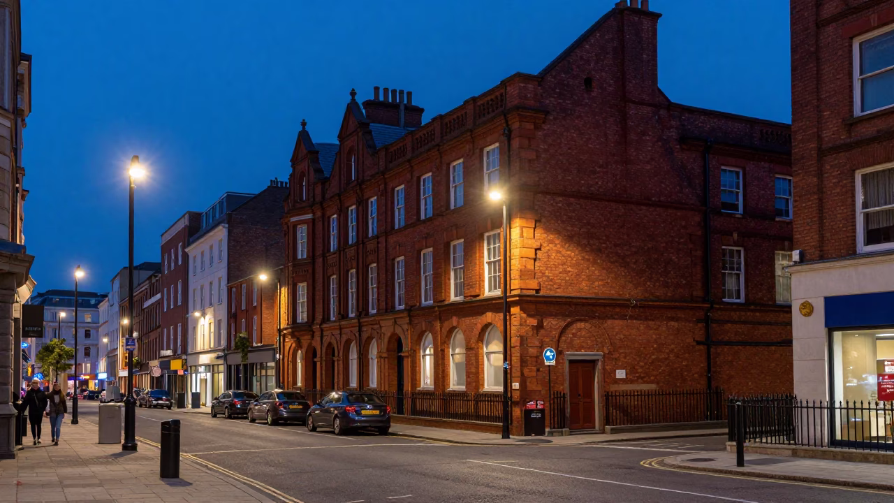 Liverpool Indigo Twilight Street Scene with Sodium Lights and Urban Reflections in in Liverpool, United Kingdom