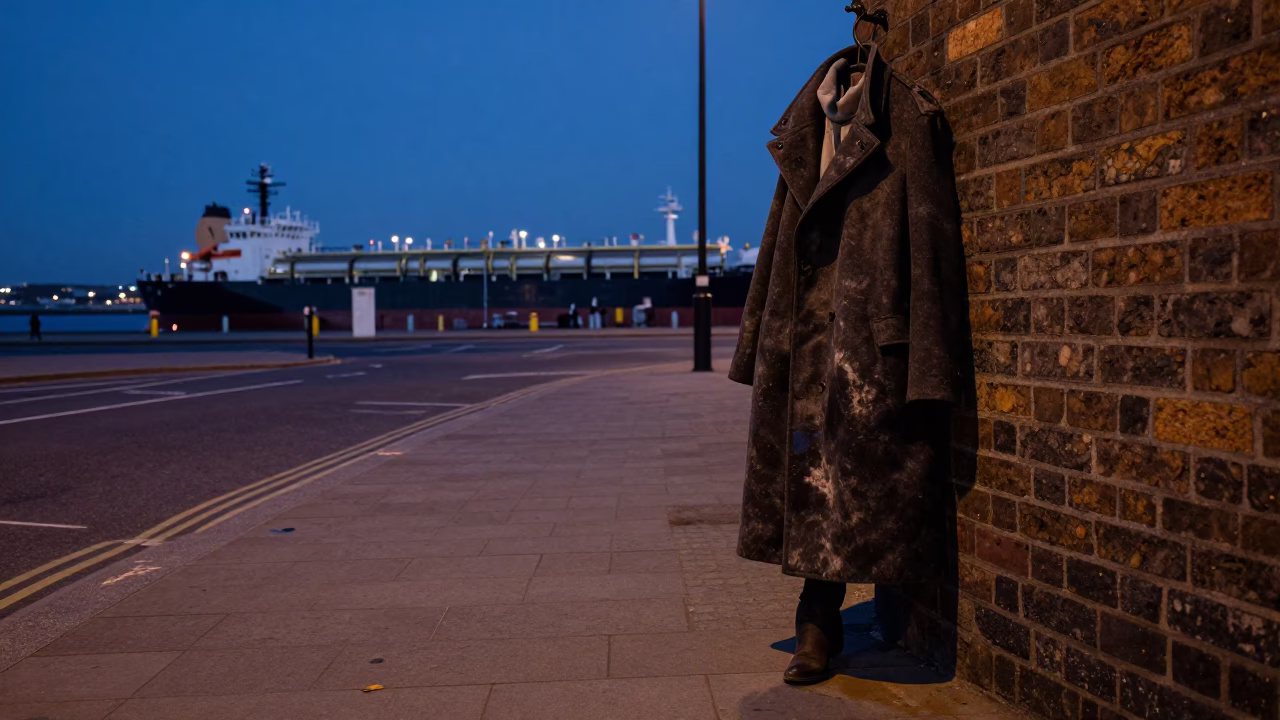 Liverpool indigo twilight street scene with tanker ship dock and woven baskets in in Liverpool, United Kingdom