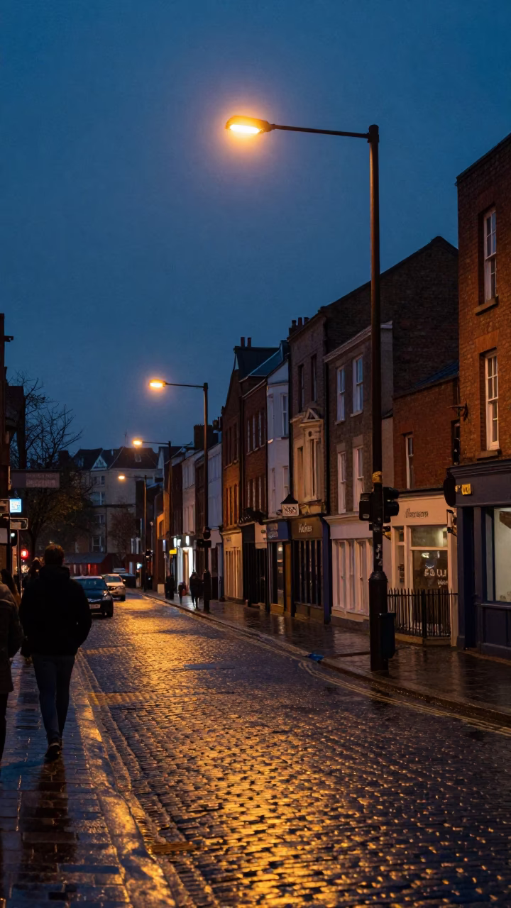 Liverpool Indigo Twilight Street Scene with Vintage 1980s Details in in Liverpool, United Kingdom