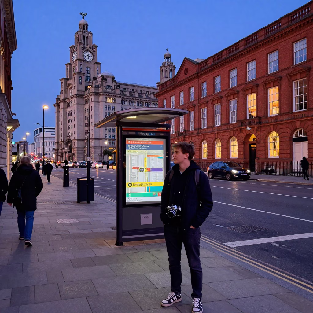 Liverpool Indigo Twilight Street Scene with Vintage Camera and Local Interaction in in Liverpool, United Kingdom