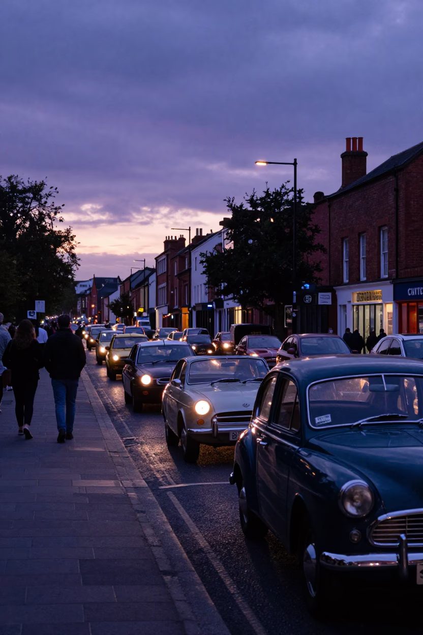 Liverpool Indigo Twilight Street Scene with Vintage Car Rally and Bridge Maintenance Cradle in in Liverpool, United Kingdom