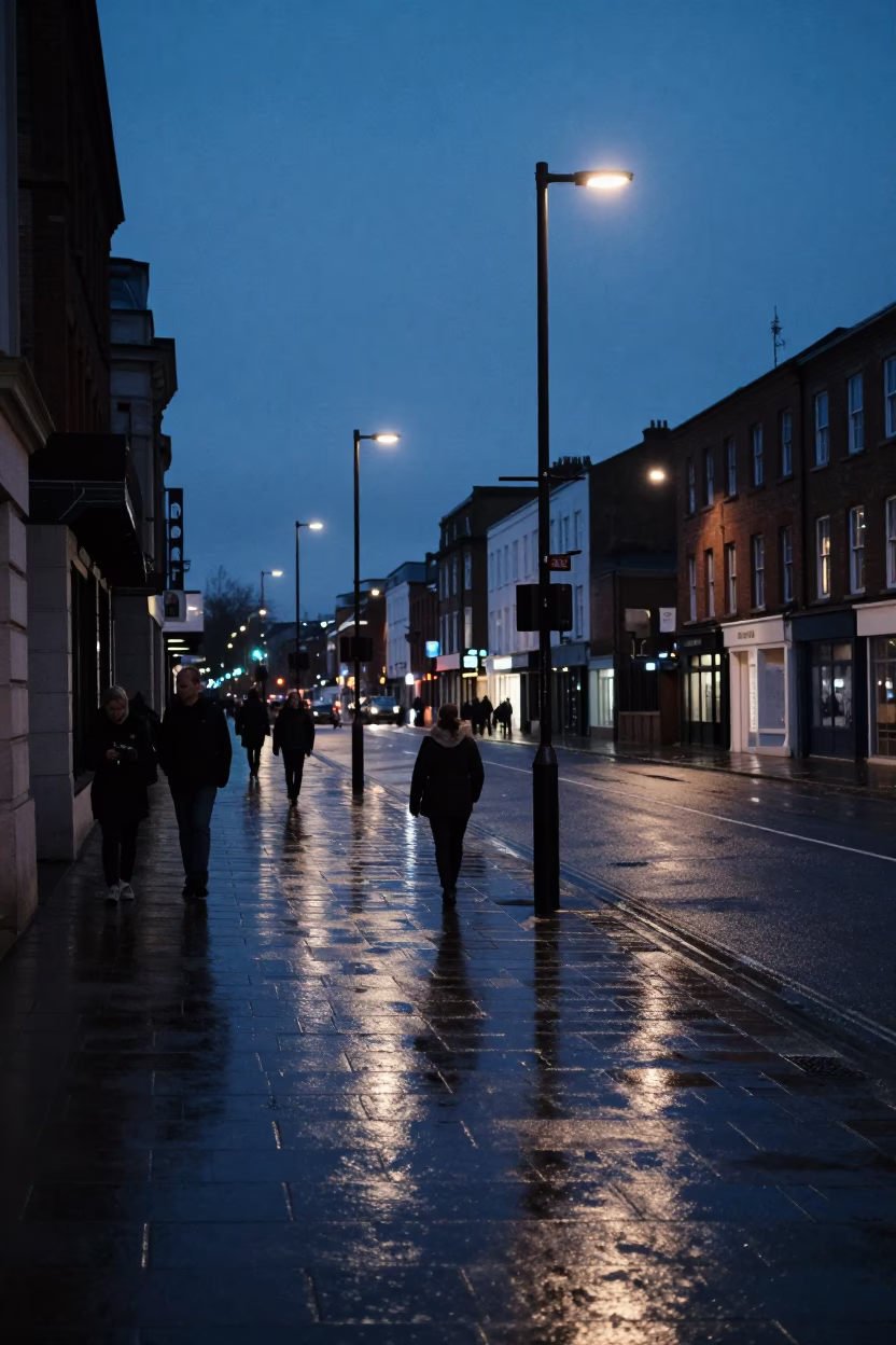 Liverpool indigo twilight street scene with wet pavement and distant city lights in in Liverpool, United Kingdom