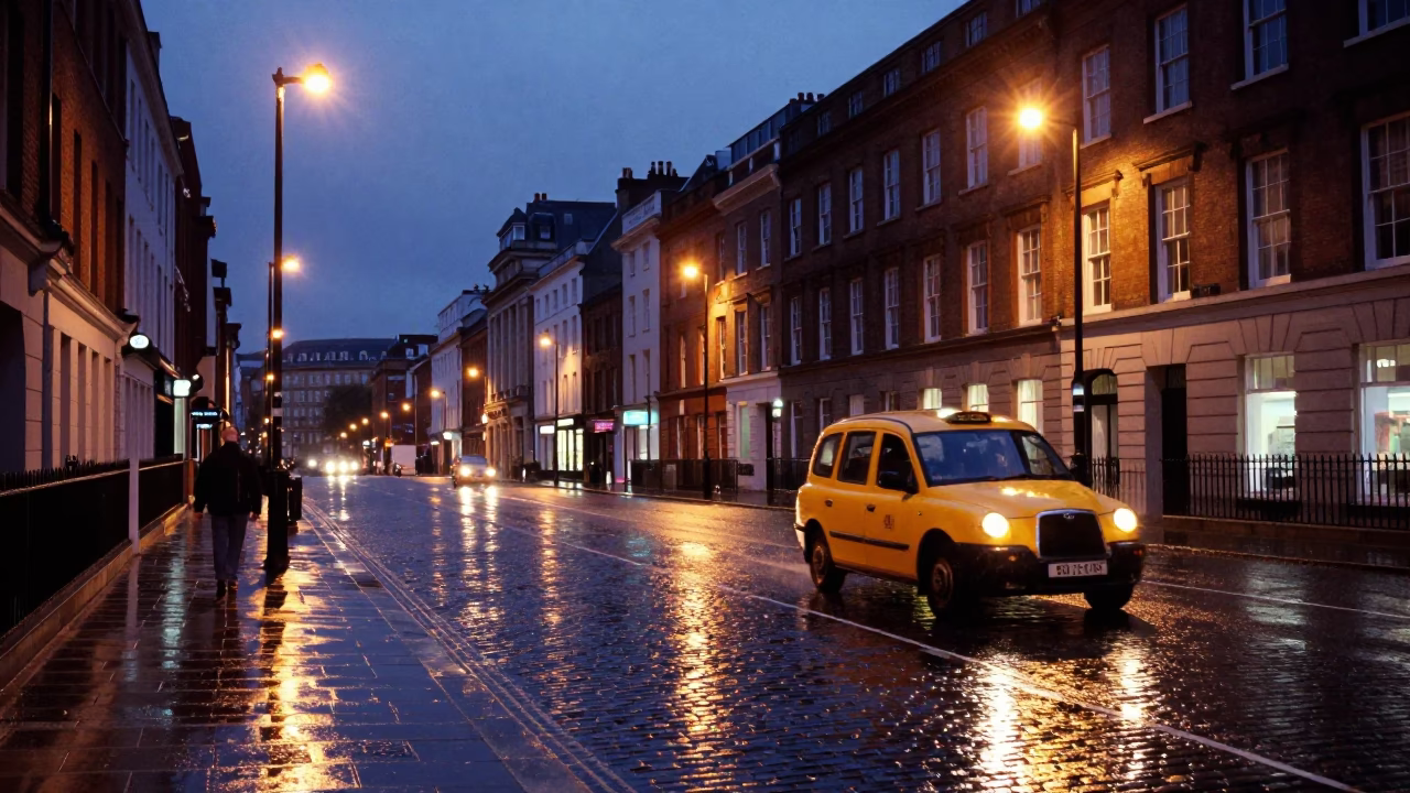 Liverpool indigo twilight street scene with yellow taxi and urban rain reflections in in Liverpool, United Kingdom