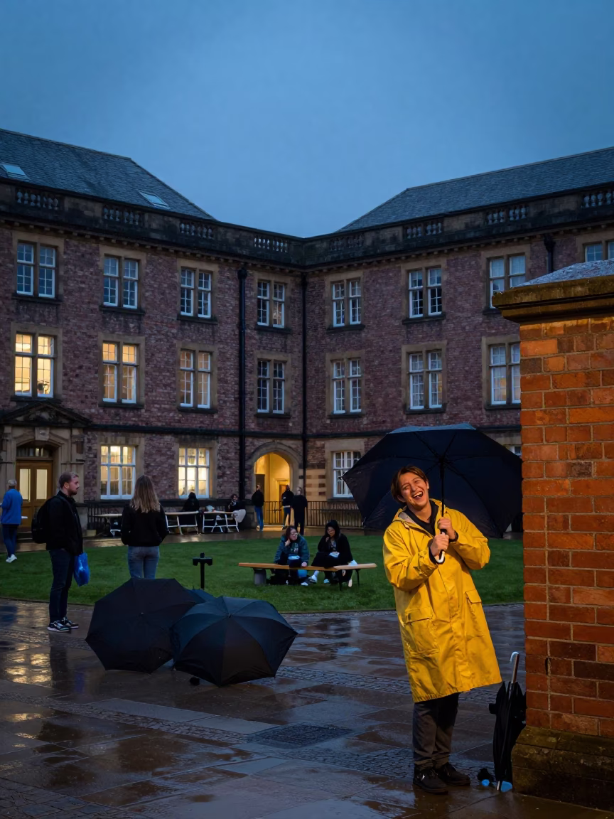 Liverpool indigo twilight university courtyard scene with students and umbrellas in in Liverpool, United Kingdom