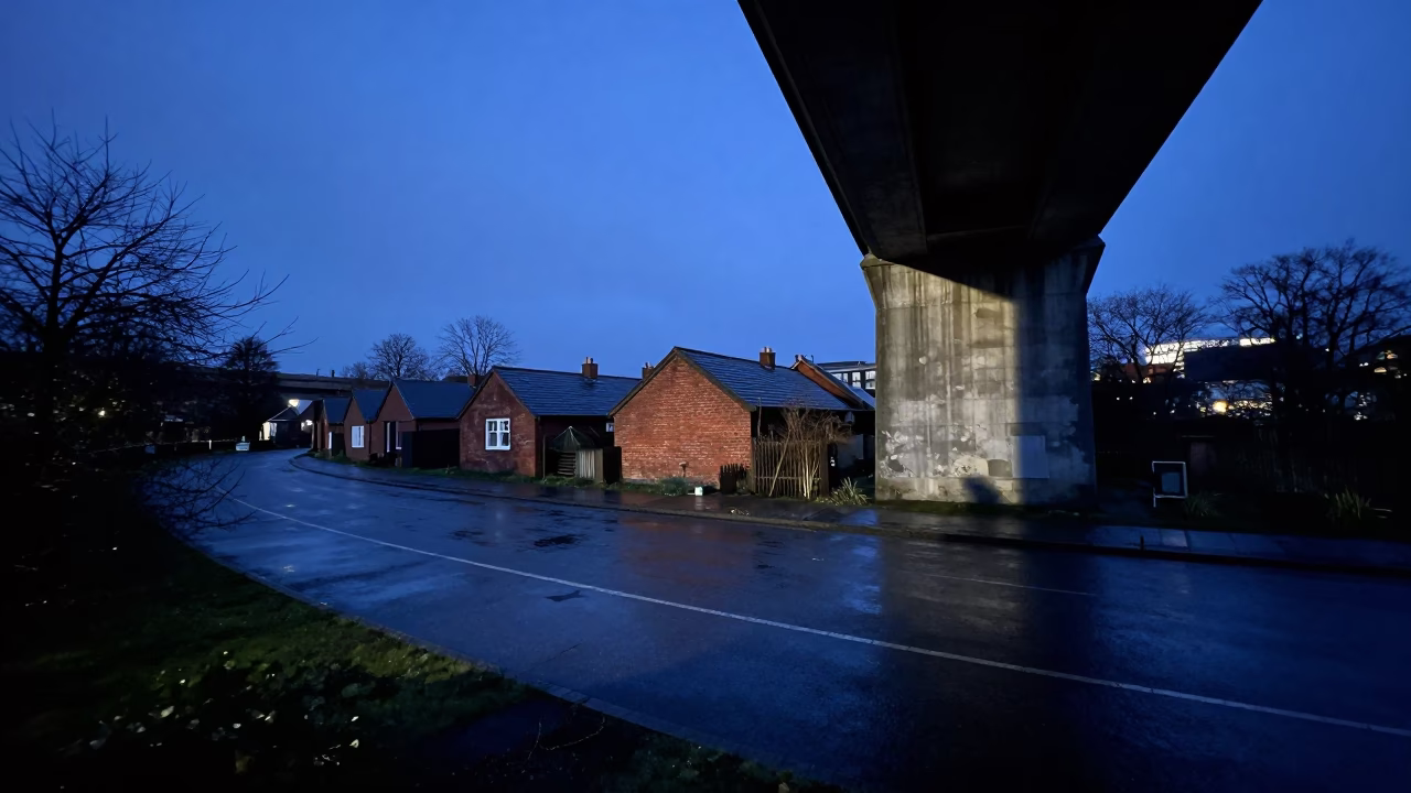 Liverpool Indigo Twilight Viaduct Shadow Over Rain-Slicked Allotment Gardens in in Liverpool, United Kingdom