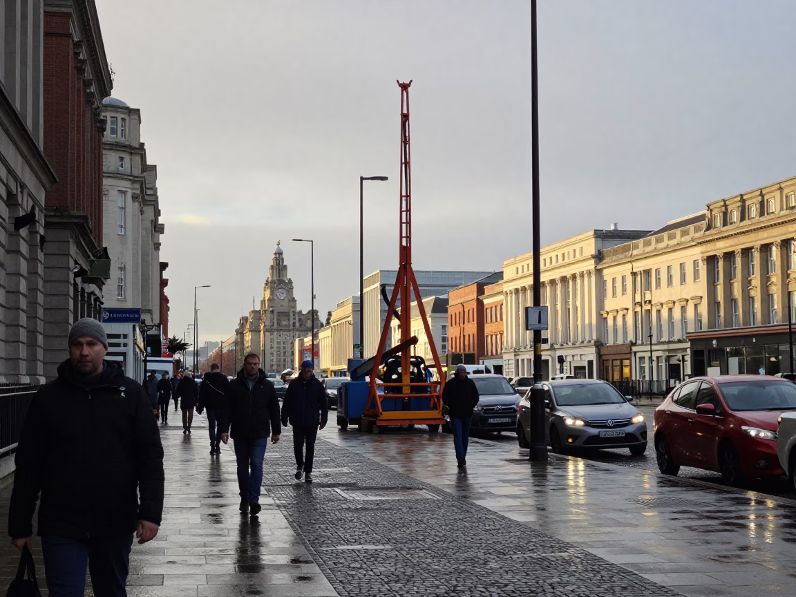 Liverpool Late Afternoon Street Scene with Bridge Maintenance Cradle and Urban Life in in Liverpool, United Kingdom