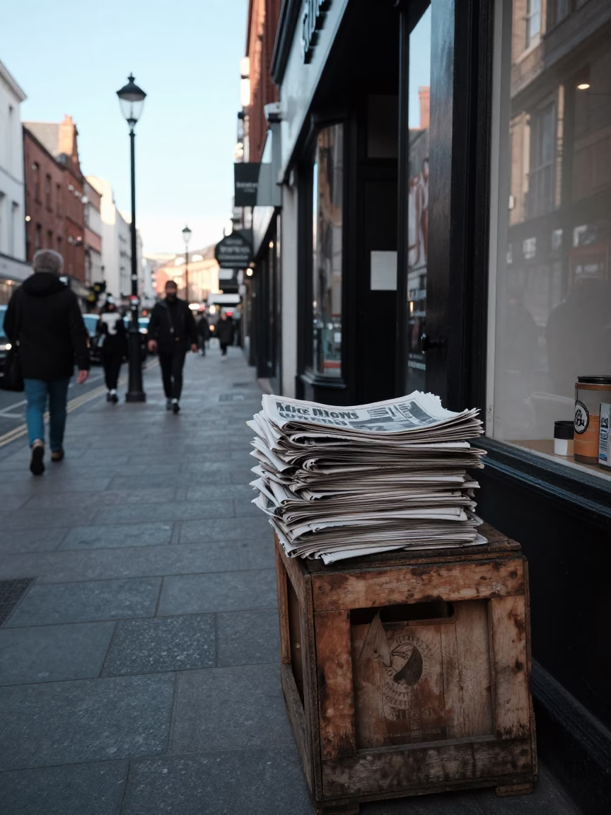 Liverpool Late Morning Street Scene with Newspaper Stack and Laundry Pins in in Liverpool, United Kingdom
