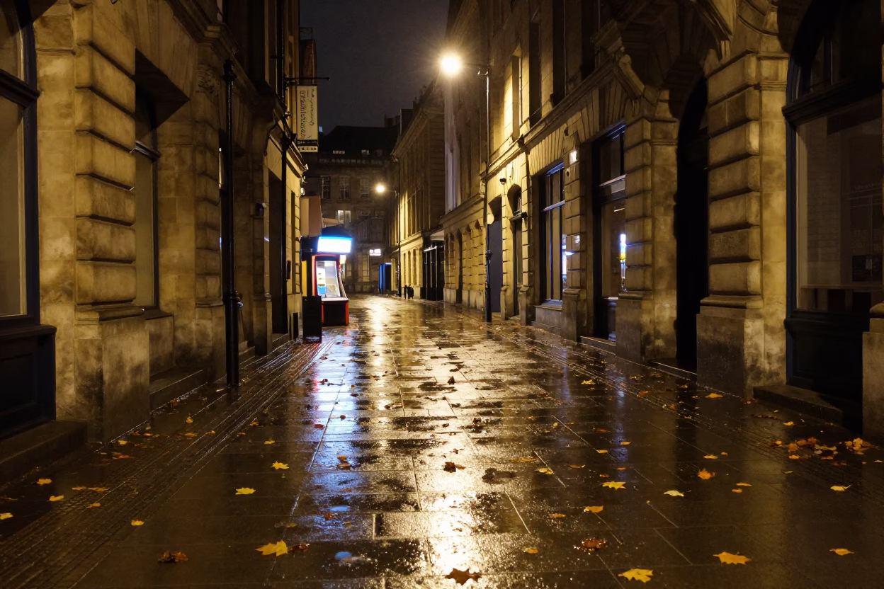 Liverpool late night university arcade wet leaves skittering between stone columns under streetlamp glow in in Liverpool, United Kingdom