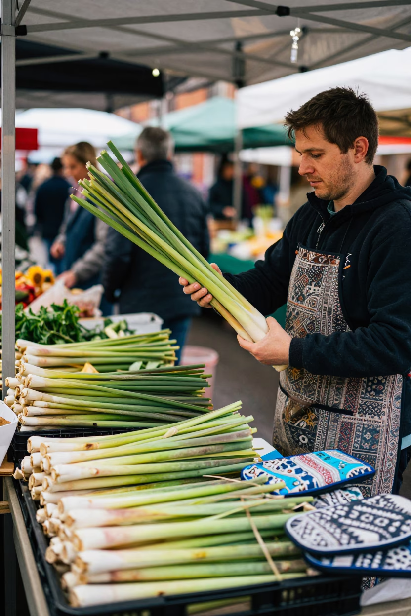 Liverpool Market Stall with Fresh Lemongrass and Oven Mitts in Early Afternoon Light in in Liverpool, United Kingdom