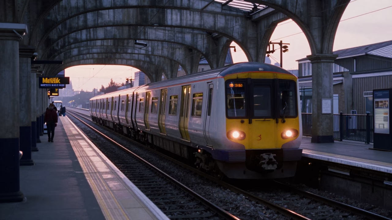 Liverpool Metro Train Arriving at Art-Adorned Station Before Sunrise in in Liverpool, United Kingdom